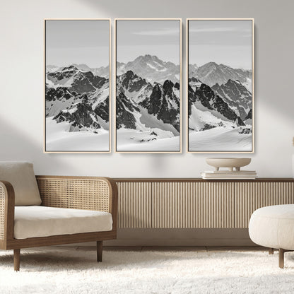 46884246-MGV-FC-48X32-3P_Natural-Snowy Mountain Wall Art Canvas Print, Framed Mountain Peaks Art Picture Print, Alpine Mountains Perfect Minimalist Alpine Decor