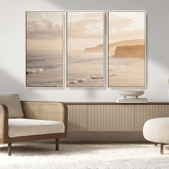 57669769-MGV-FC-48X32-3P_Natural-Misty Coastal Wall Art Canvas Print, Framed Golden Sunset Art Picture Print, Serene Shoreline Perfect Tranquil Coastal Decor