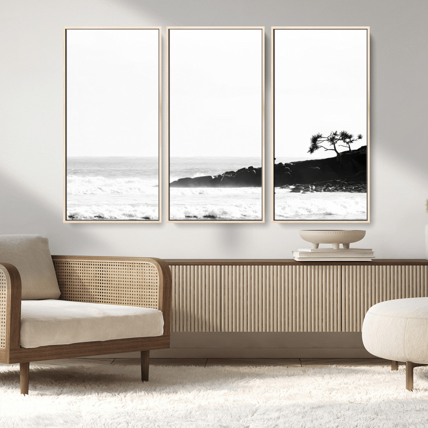 40875891-MGV-FC-48X32-3P_Natural-SurferCliffs Wall Art Canvas Print, Framed Black White Beach Art Picture Print, Ocean Waves Perfect Minimalist Coastal Decor