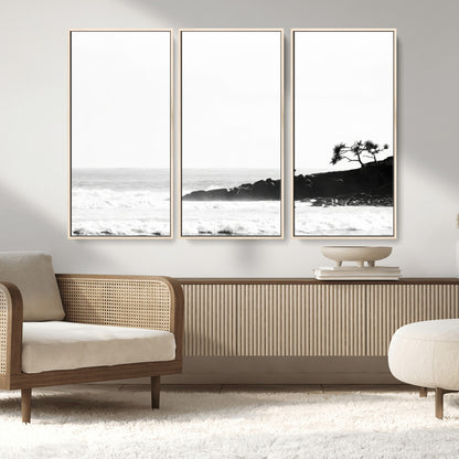 40875891-MGV-FC-48X32-3P_Natural-SurferCliffs Wall Art Canvas Print, Framed Black White Beach Art Picture Print, Ocean Waves Perfect Minimalist Coastal Decor