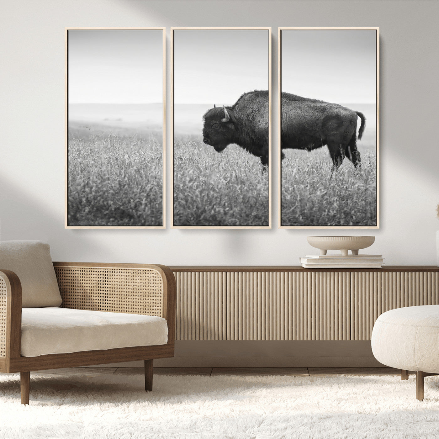 28435251-MGV-CV-36X24-Bison In Prairie Wall Art Canvas Print, Framed Rustic Wildlife Art Picture Print, Wild Buffalo Perfect Rustic Western Decor