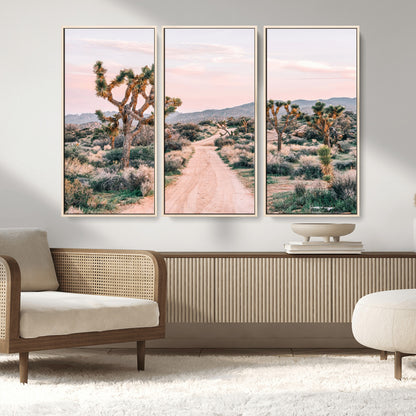 12540952-MGV-FC-48X32-3P_Natural-Joshua Tree Park Wall Art Canvas Print, Framed Desert Road Art Picture Print, Sunset Drive Perfect Southwestern Boho Decor Artwork
