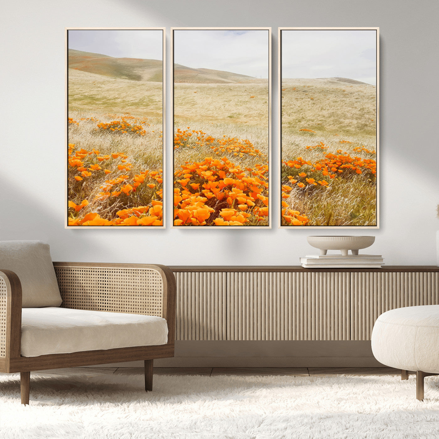 28972262-MGV-CV-36X24-Golden Wildflowers Wall Art Canvas Print, Framed Hills Bloom Art Picture Print, Poppy Meadow Perfect Rustic Nature Decor Artwork