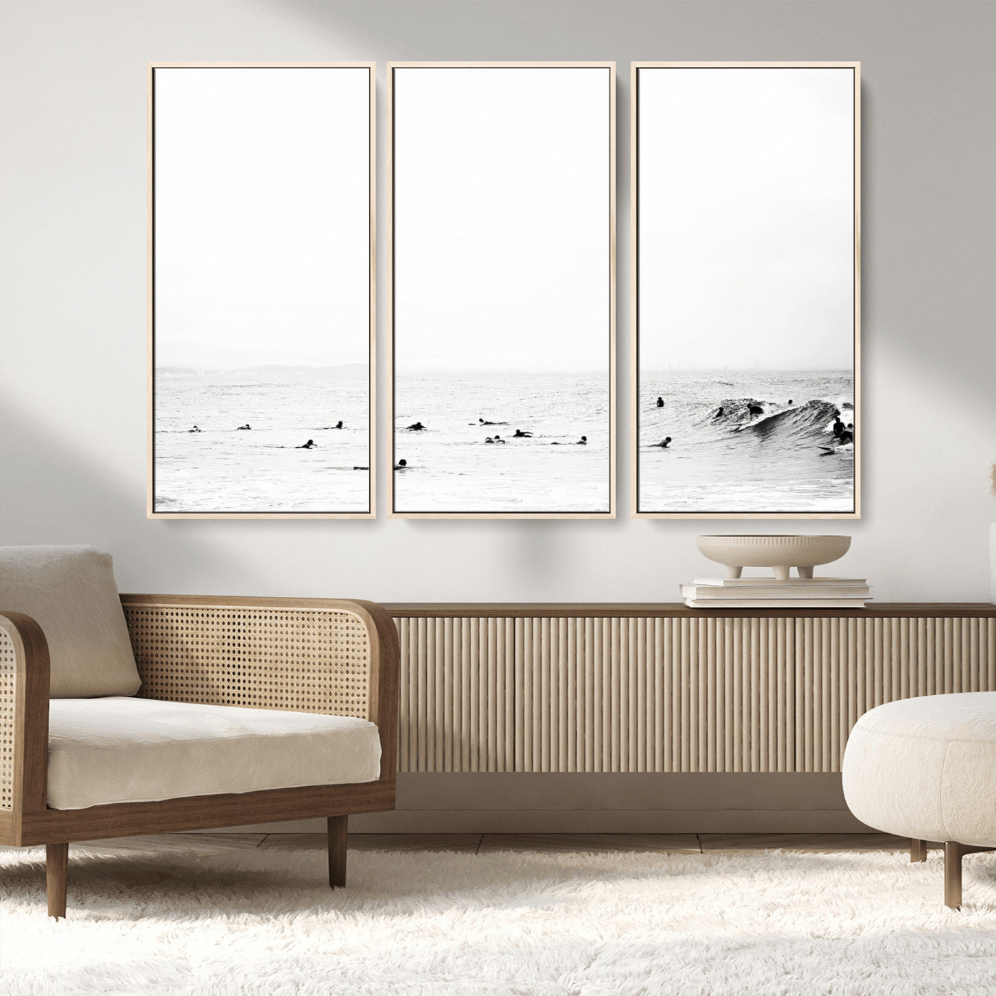 38441169-MGV-FC-48X32-3P_Natural-Monochrome Swimming Wall Art Canvas Print, Framed Ocean Horizon Art Picture Print, Moody Coastal Perfect Minimalist Coastal Decor