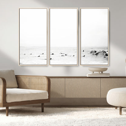 38441169-MGV-FC-48X32-3P_Natural-Monochrome Swimming Wall Art Canvas Print, Framed Ocean Horizon Art Picture Print, Moody Coastal Perfect Minimalist Coastal Decor