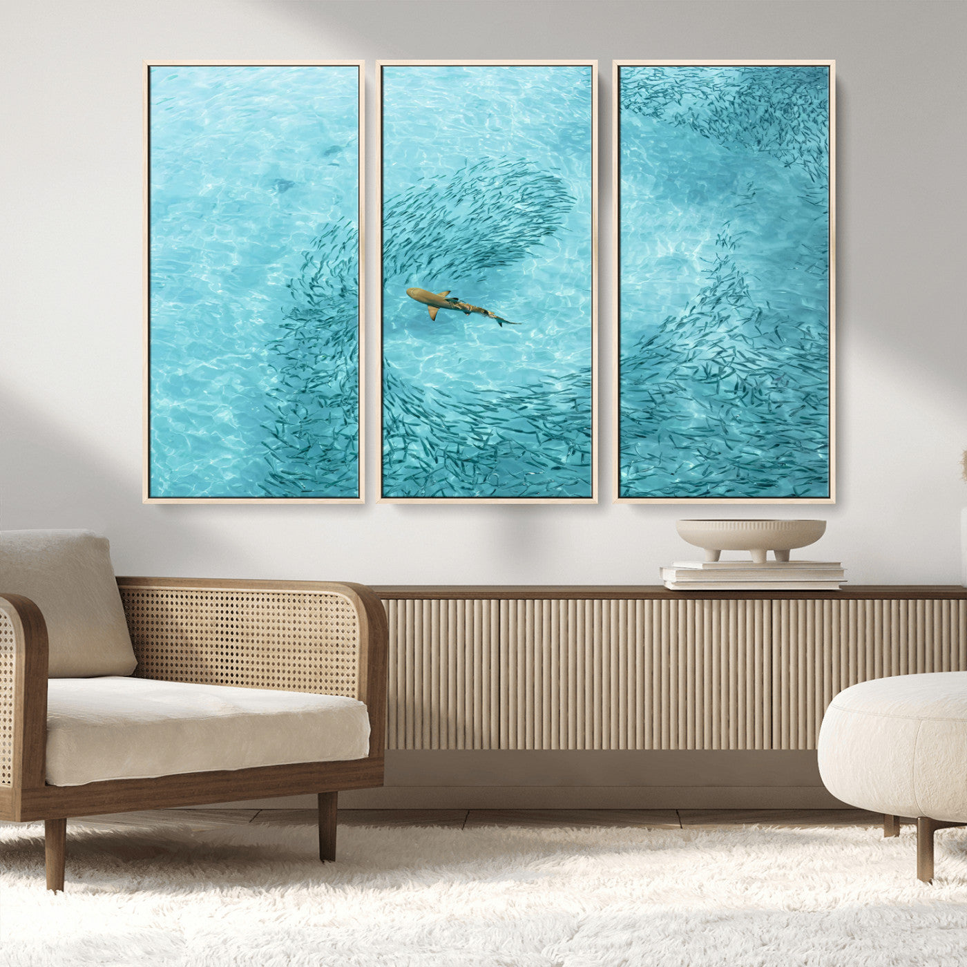 43671474-MGV-CV-36X24-Fish Swarm Wall Art Canvas Print, Framed Marine Life Art Picture Print, Shark Aerial Perfect Wildlife Coastal Decor Artwork