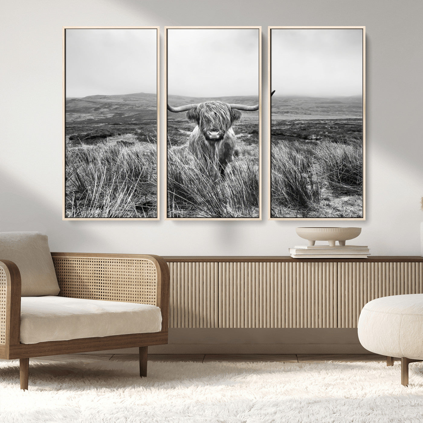 24051061-MGV-FC-48X32-3P_Natural-Monochrome Highland Cow Wall Art Canvas Print, Framed Scottish Bull Art Picture Print, Lone Cattle Perfect Rustic Farmhouse Decor