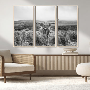 24051061-MGV-FC-48X32-3P_Natural-Monochrome Highland Cow Wall Art Canvas Print, Framed Scottish Bull Art Picture Print, Lone Cattle Perfect Rustic Farmhouse Decor
