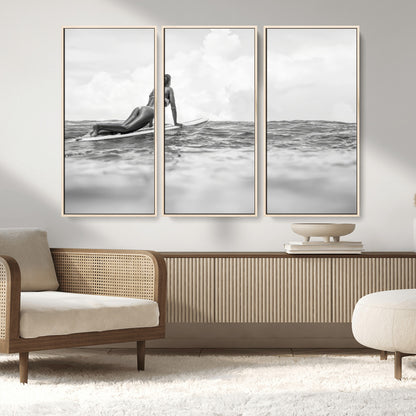 69798068-MGV-FC-48X32-3P_Natural-Black White Surfing Wall Art Canvas Print, Framed Ocean Horizon Art Picture Print, Surfer Girl Perfect Coastal Adventure Decor
