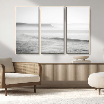 60635783-MGV-CV-36X24-Black White Seascape Wall Art Canvas Print, Framed Ocean Waves Art Picture Print, Misty Coastal Perfect Minimalist Coastal Decor