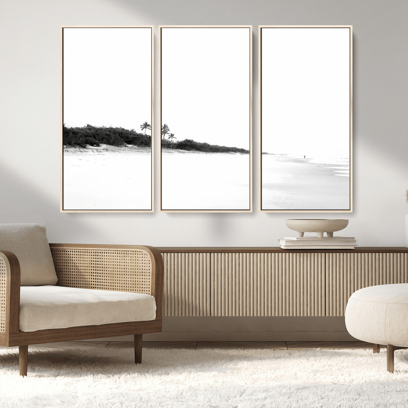 29611516-MGV-FC-48X32-3P_Natural-Black White Beach Wall Art Canvas Print, Framed Palm Trees Art Picture Print, Monochrome Tropical Perfect Minimalist Coastal Decor