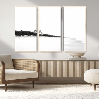 29611516-MGV-FC-48X32-3P_Natural-Black White Beach Wall Art Canvas Print, Framed Palm Trees Art Picture Print, Monochrome Tropical Perfect Minimalist Coastal Decor