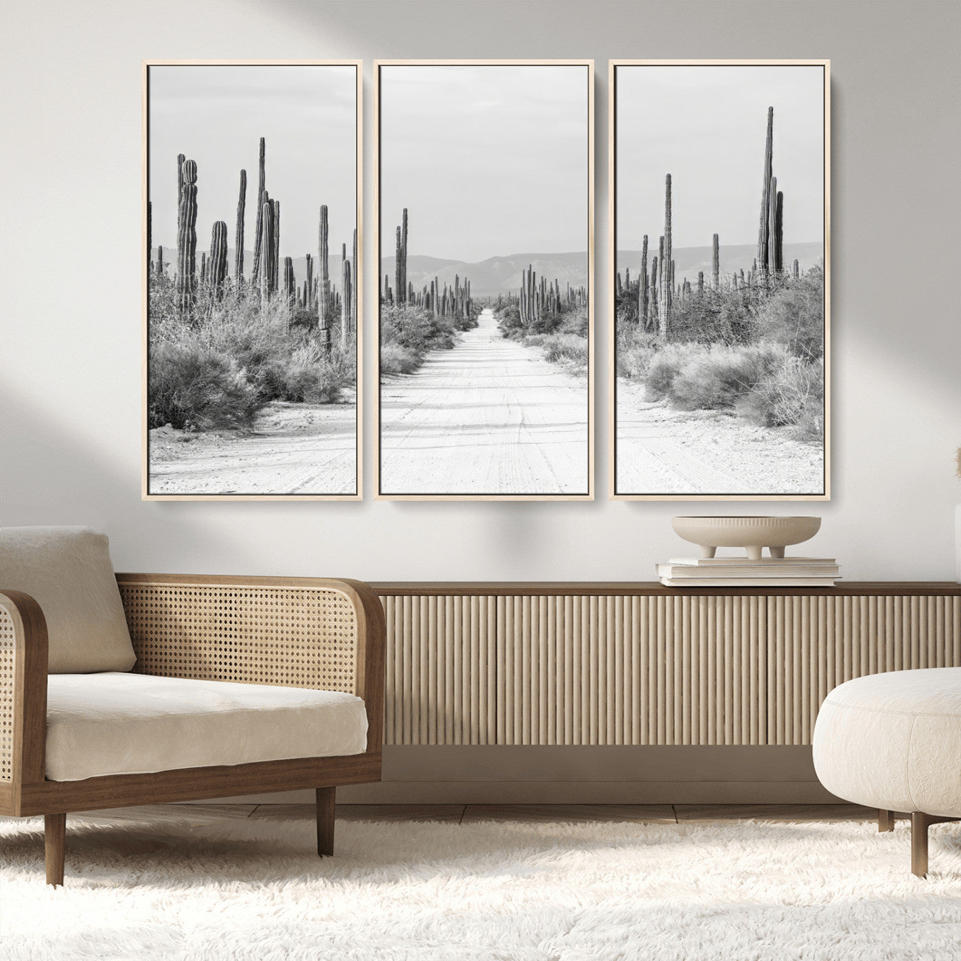 35537313-MGV-FC-48X32-3P_Natural-Monochrome Desert Wall Art Canvas Print, Framed Cactus Path Art Picture Print, Southwestern Landscape Perfect Southwestern