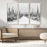 35537313-MGV-FC-48X32-3P_Natural-Monochrome Desert Wall Art Canvas Print, Framed Cactus Path Art Picture Print, Southwestern Landscape Perfect Southwestern