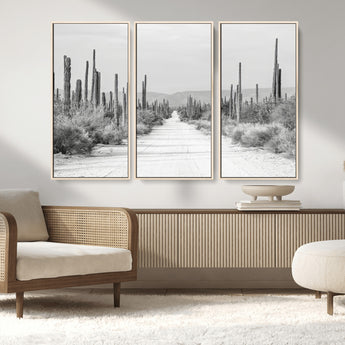 35537313-MGV-FC-48X32-3P_Natural-Monochrome Desert Wall Art Canvas Print, Framed Cactus Path Art Picture Print, Southwestern Landscape Perfect Southwestern