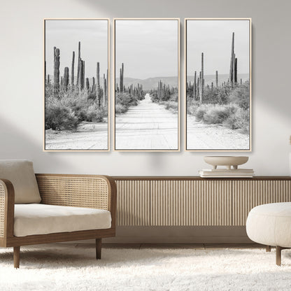 35537313-MGV-FC-48X32-3P_Natural-Monochrome Desert Wall Art Canvas Print, Framed Cactus Path Art Picture Print, Southwestern Landscape Perfect Southwestern