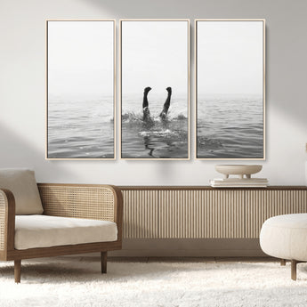 26667396-MGV-CV-36X24-Black White Ocean Wall Art Canvas Print, Framed Monochrome Water Art Picture Print, Diving into Water Perfect Minimalist Aquatic