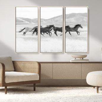 69934913-MGV-FC-48X32-3P_Natural-Wild Horses Running Wall Art Canvas Print, Framed Black White Mustangs Art Picture Print, Rustic Western Perfect Rustic Western