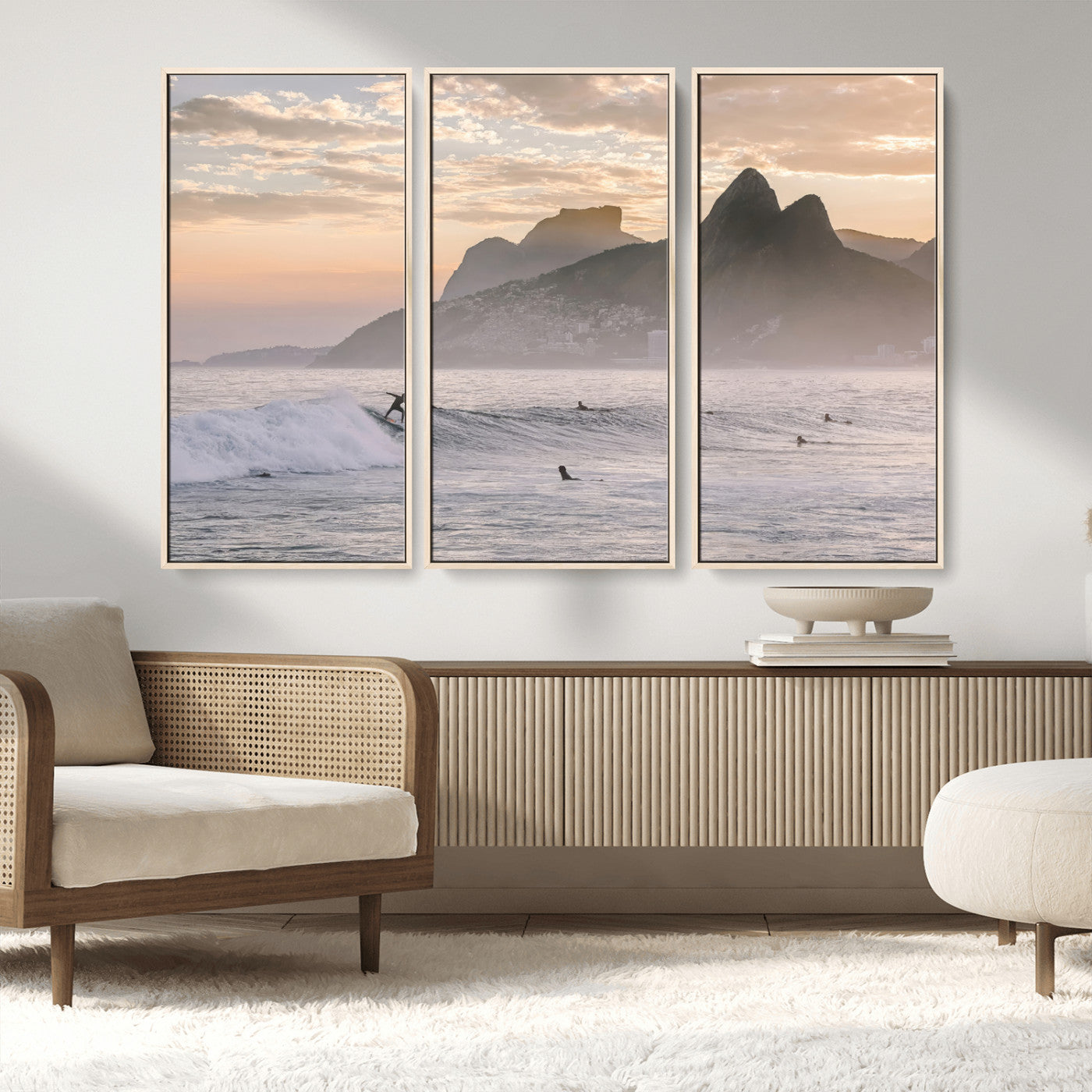 70644906-MGV-CV-36X24-Sunset Surfing Wall Art Canvas Print, Framed Misty Mountains Art Picture Print, Surfer Riding Wave Perfect Coastal Adventure Decor