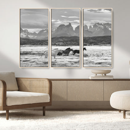 21655040-MGV-FC-48X32-3P_Natural-Wild Horses Wall Art Canvas Print, Framed Black White Mountains Art Picture Print, Rustic Countryside Perfect Rustic Western Decor