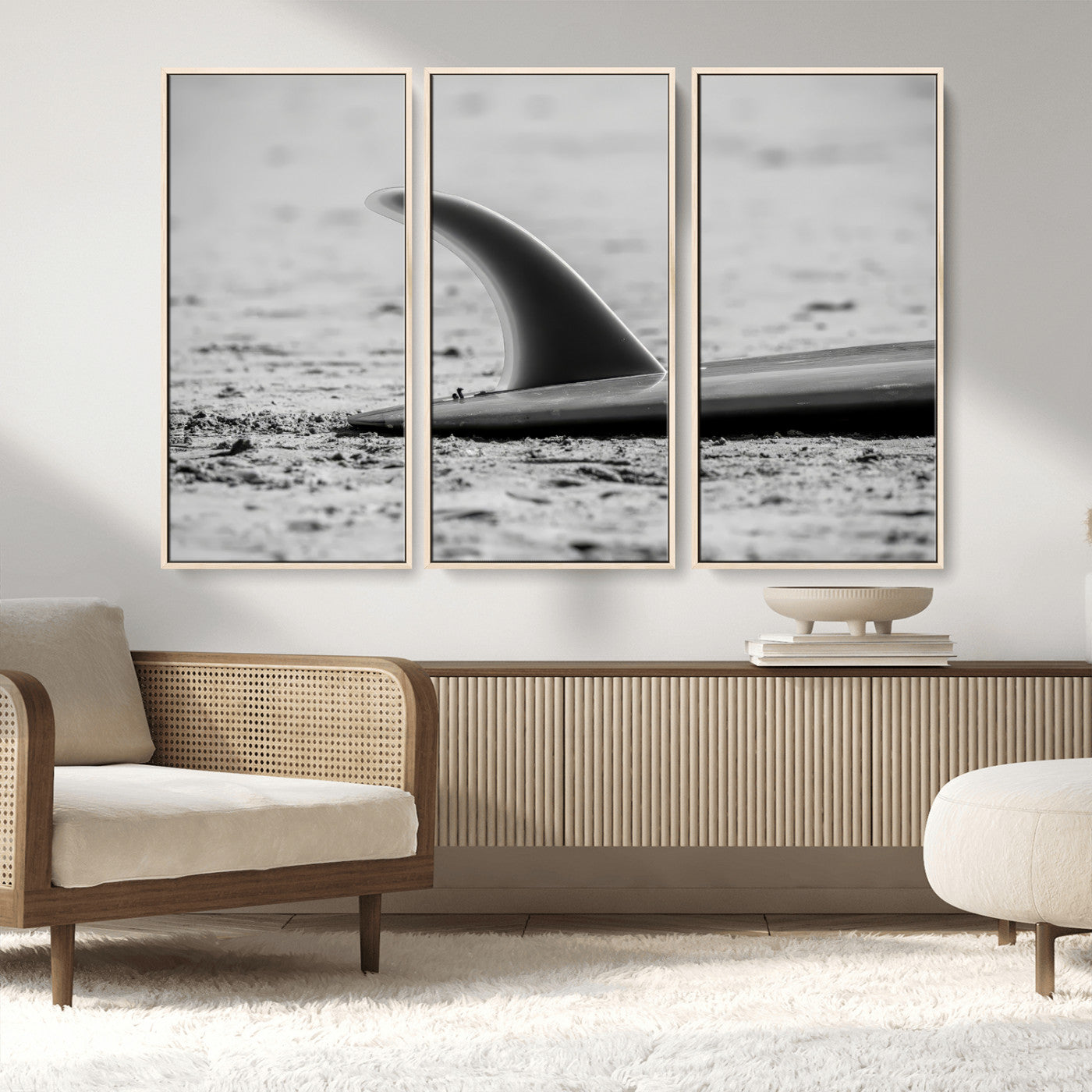 62314230-MGV-CV-36X24-Black White Surfboard Wall Art Canvas Print, Framed Minimalist Beach Art Picture Print, Surf Fin Perfect Minimalist Coastal Decor