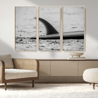 62314230-MGV-CV-36X24-Black White Surfboard Wall Art Canvas Print, Framed Minimalist Beach Art Picture Print, Surf Fin Perfect Minimalist Coastal Decor