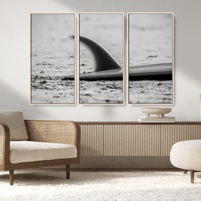 62314230-MGV-CV-36X24-Black White Surfboard Wall Art Canvas Print, Framed Minimalist Beach Art Picture Print, Surf Fin Perfect Minimalist Coastal Decor