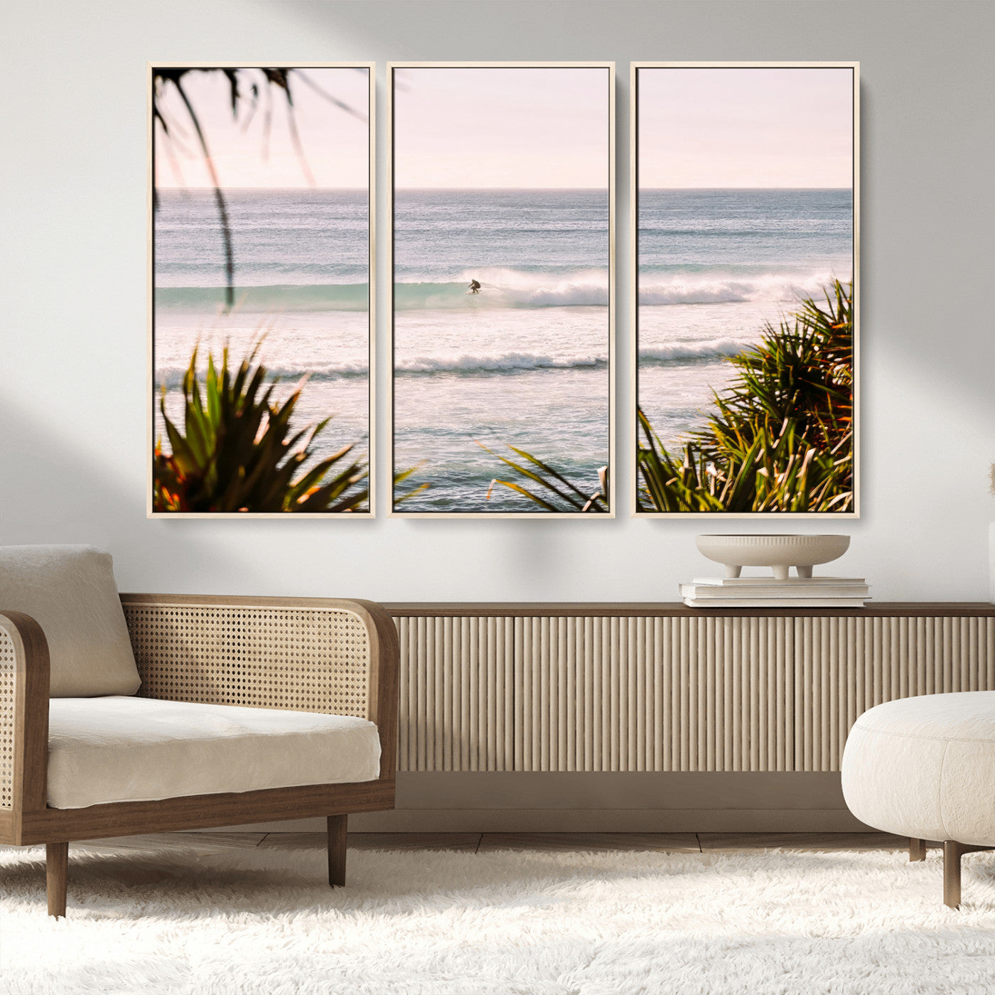 23287092-MGV-FC-48X32-3P_Natural-Ocean Surfer Wall Art Canvas Print, Framed Coastal Surf Art Picture Print, Tropical Beach Perfect Tropical Coastal Decor Artwork