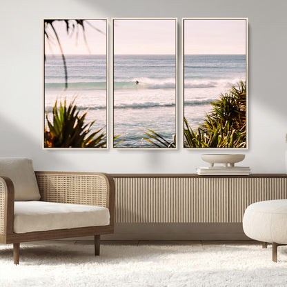 23287092-MGV-FC-48X32-3P_Natural-Ocean Surfer Wall Art Canvas Print, Framed Coastal Surf Art Picture Print, Tropical Beach Perfect Tropical Coastal Decor Artwork