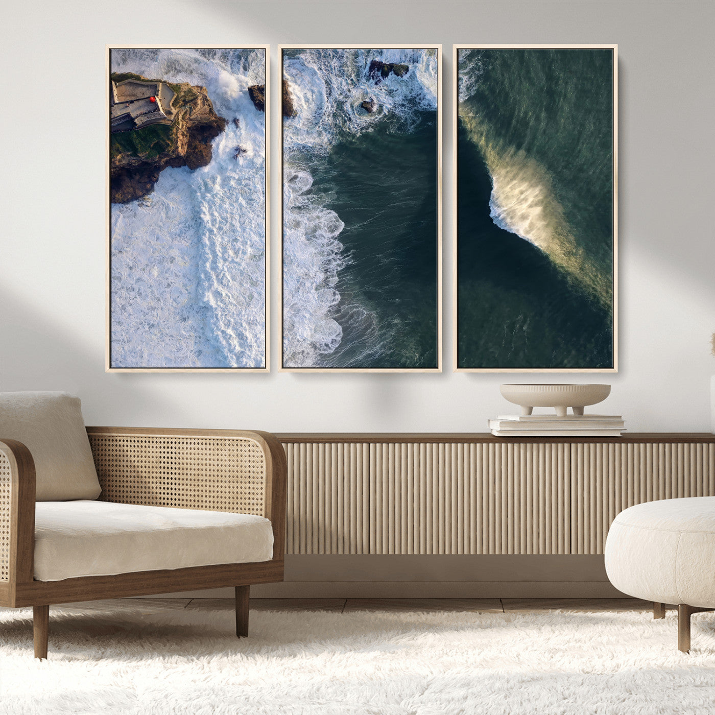 37405684-MGV-FC-48X32-3P_Natural-Nazaré Coast Wall Art Canvas Print, Framed Aerial Ocean Art Picture Print, Coastal Fortress Perfect Dramatic Coastal Decor Artwork