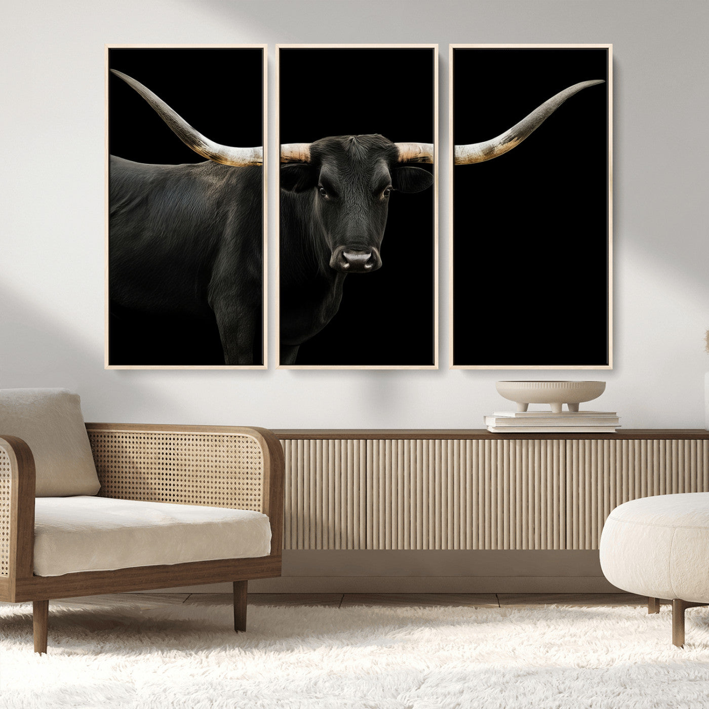 99448328-MGV-FC-48X32-3P_Natural-Longhorn Cattle Wall Art Canvas Print, Framed Texas Ranch Art Picture Print, Western Cow Perfect Farmhouse Decor Artwork
