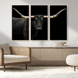 99448328-MGV-FC-48X32-3P_Natural-Longhorn Cattle Wall Art Canvas Print, Framed Texas Ranch Art Picture Print, Western Cow Perfect Farmhouse Decor Artwork