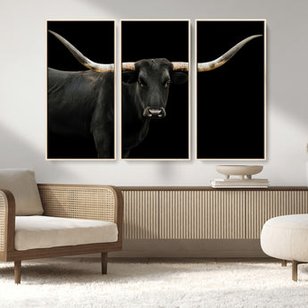 99448328-MGV-FC-48X32-3P_Natural-Longhorn Cattle Wall Art Canvas Print, Framed Texas Ranch Art Picture Print, Western Cow Perfect Farmhouse Decor Artwork