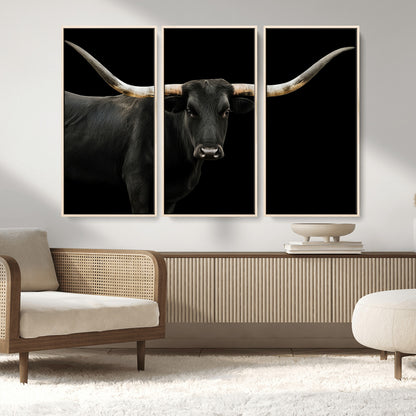 99448328-MGV-FC-48X32-3P_Natural-Longhorn Cattle Wall Art Canvas Print, Framed Texas Ranch Art Picture Print, Western Cow Perfect Farmhouse Decor Artwork