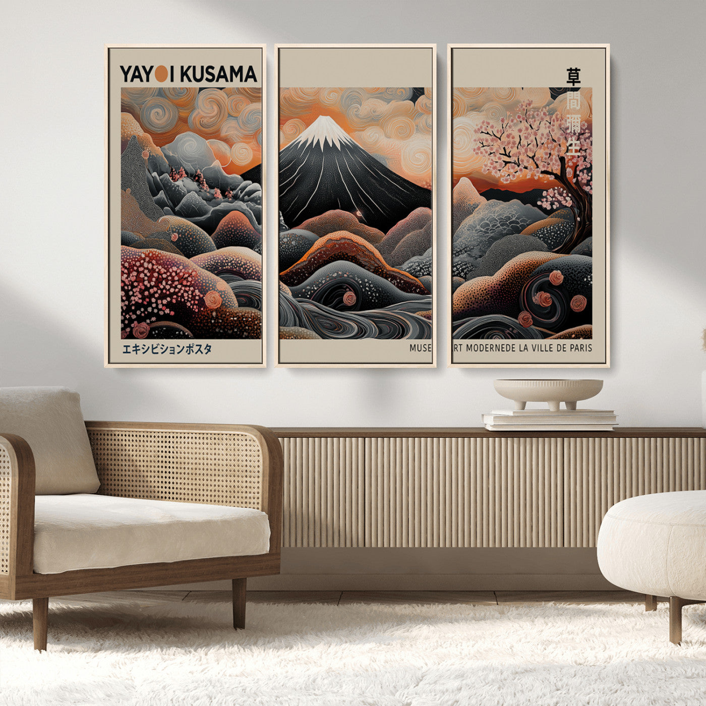 55739266-MGV-FC-48X32-3P_Natural-Japanese Wall Art Print – Abstract Yayoi Kusama Inspired Dotted Landscape Poster, Surreal Oriental Mountain and Cherry Blossom