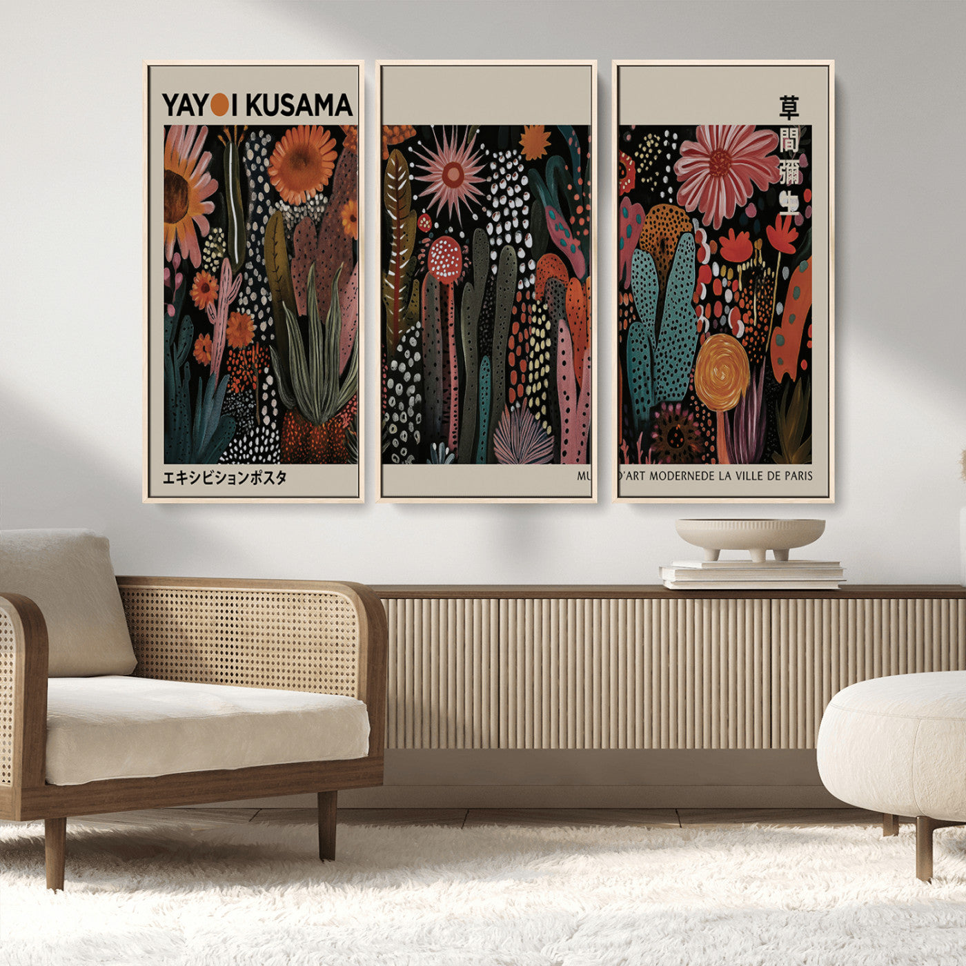 28344895-MGV-CV-36X24-Dark Floral Abstract Wall Art Poster – Modern Botanical Canvas Print with Beige Border, Kusama Inspired Boho Flower Painting,