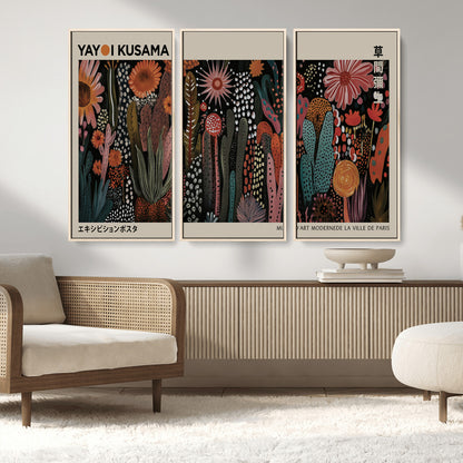 28344895-MGV-CV-36X24-Dark Floral Abstract Wall Art Poster – Modern Botanical Canvas Print with Beige Border, Kusama Inspired Boho Flower Painting,