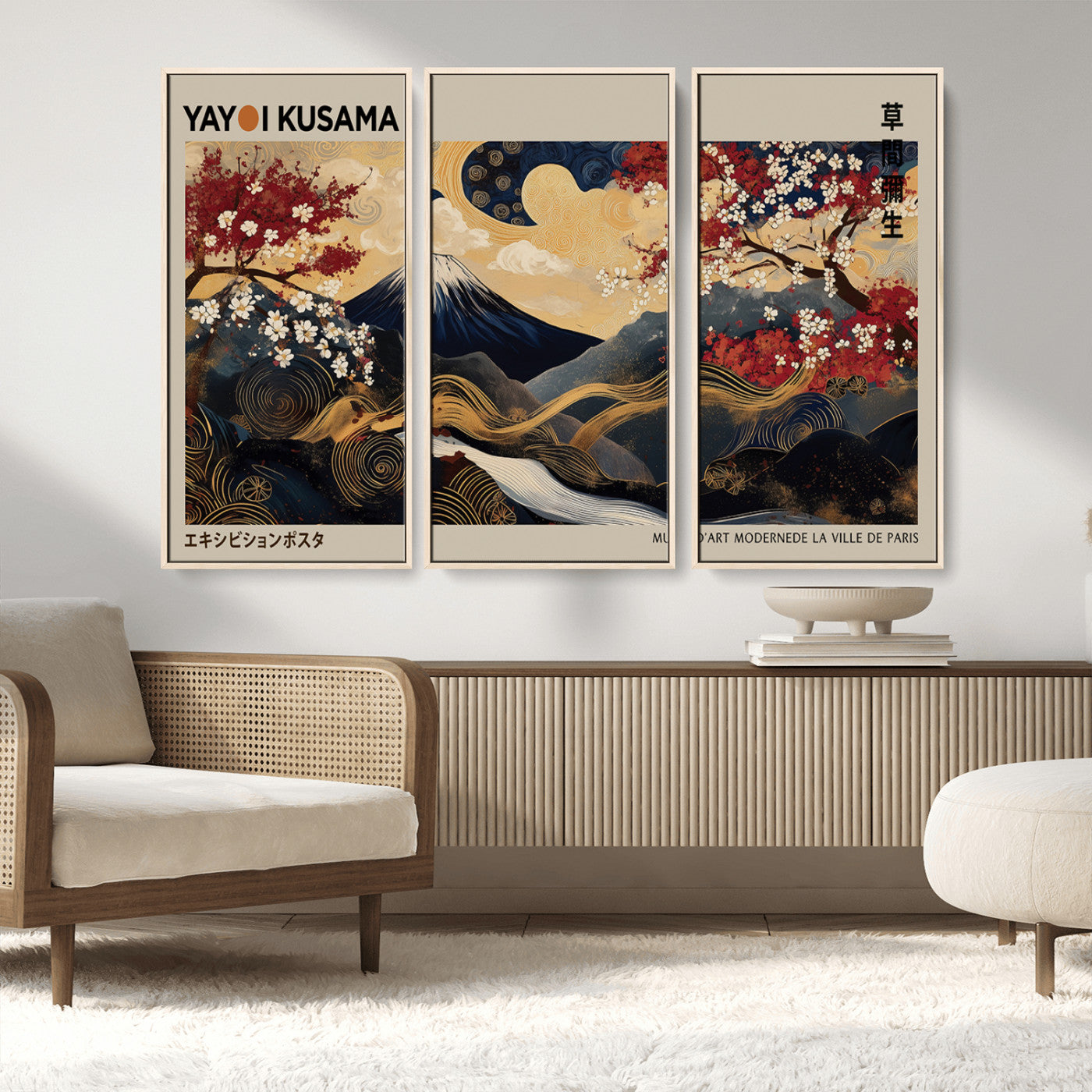 54967195-MGV-CV-36X24-Mount Fuji Wall Art – Japanese Cherry Blossom Abstract Canvas Print, Navy Gold Landscape Painting, Oriental Luxury Home Decor