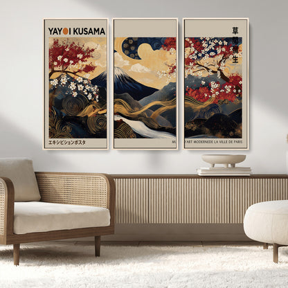 54967195-MGV-CV-36X24-Mount Fuji Wall Art – Japanese Cherry Blossom Abstract Canvas Print, Navy Gold Landscape Painting, Oriental Luxury Home Decor
