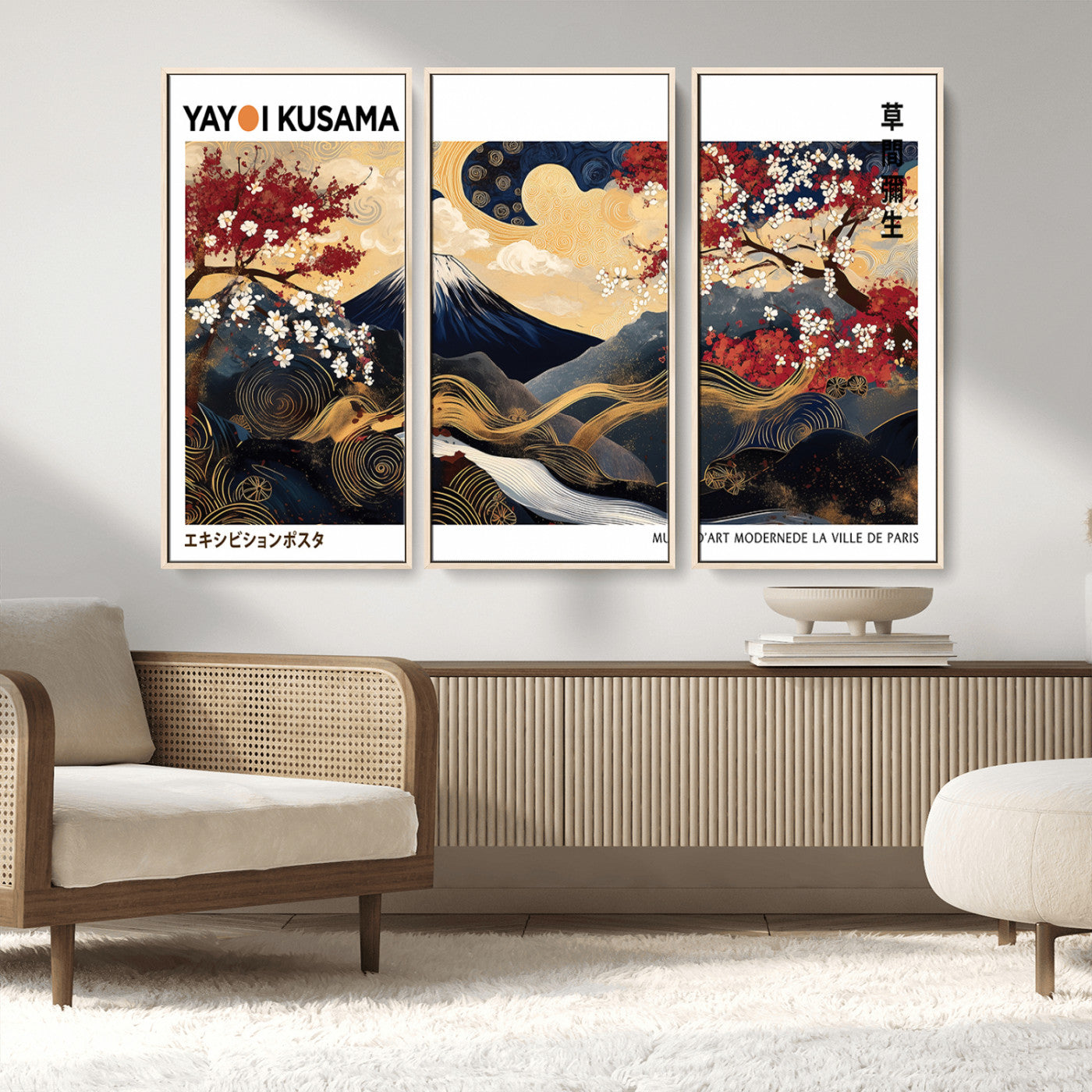 66243961-MGV-CV-36X24-Mount Fuji Japanese Wall Art – Golden Abstract Landscape Canvas Print, Cherry Blossom Painting, Modern Oriental Zen Home Decor