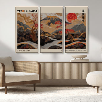 77970791-MGV-CV-36X24-Mount Fuji Golden Abstract Wall Art – Japanese Landscape Canvas Poster, Cherry Blossom & Red Sun Painting, Elegant Zen Oriental