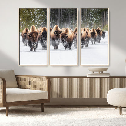 22695857-MGV-CV-36X24-Bison Herd Scene Wall Art Canvas Print, Framed Western Wildlife Art Picture Print, Rustic Animal Art Perfect Rustic Lodge Decor