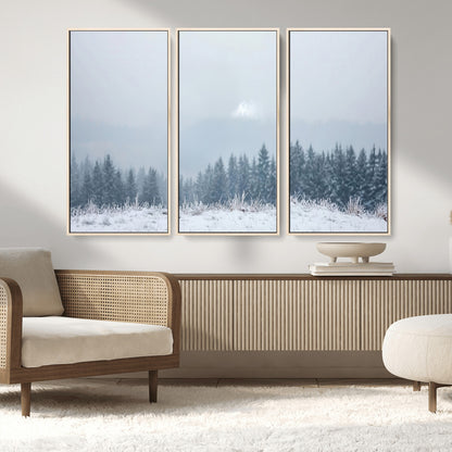 33033082-MGV-FC-48X32-3P_Natural-Winter Forest Art Wall Art Canvas Print, Framed Snowy Landscape Art Picture Print, Misty Tree Scene Perfect Nordic Minimalist