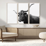 99244177-MGV-FC-48X32-3P_Natural-Longhorn Photography Wall Art Canvas Print, Framed Western Cow Decor Art Picture Print, Black White Bull Perfect Modern Rustic