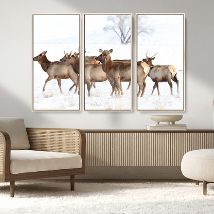 68738684-MGV-FC-48X32-3P_Natural-Winter Elk Scene Wall Art Canvas Print, Framed Wildlife Photography Art Picture Print, Snowy Deer Decor Perfect Rustic Lodge Decor