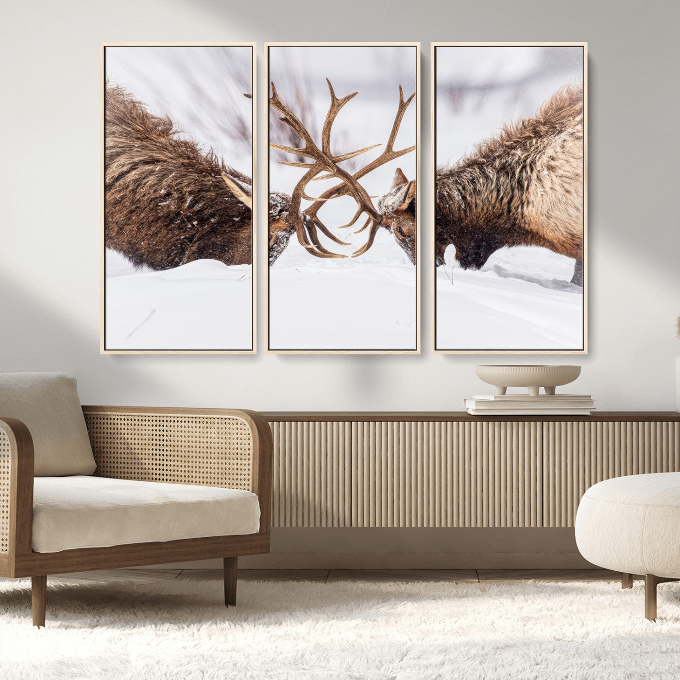 36507609-MGV-CV-36X24-Elk Clash Scene Wall Art Canvas Print, Framed Wildlife Strength Decor Art Picture Print, Snowy Forest Elk Perfect Rustic Lodge