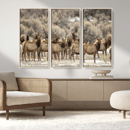 90269422-MGV-CV-36X24-Elk Herd Scene Wall Art Canvas Print, Framed Rustic Wildlife Decor Art Picture Print, Western Cabin Style Perfect Rustic Lodge