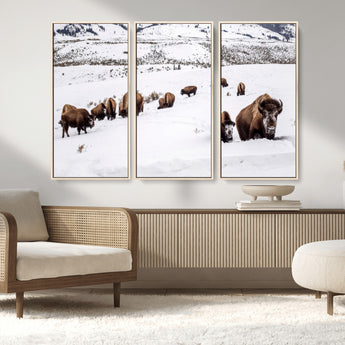 13891210-MGV-CV-36X24-Bison Herd Scene Wall Art Canvas Print, Framed Western Wildlife Decor Art Picture Print, Snowy Mountain Valley Perfect Rustic