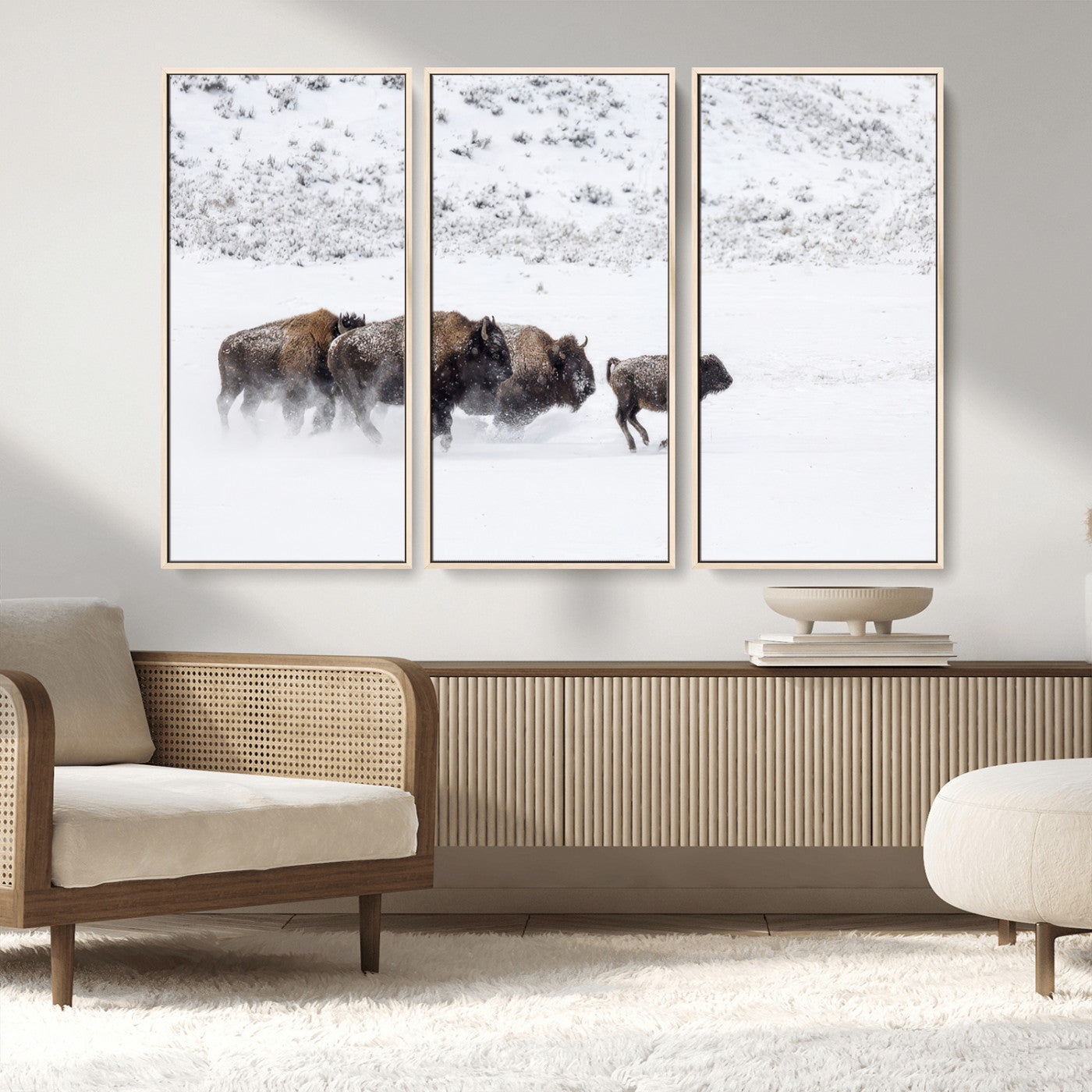 56216945-MGV-CV-36X24-Bison Herd Decor Wall Art Canvas Print, Framed Snowy Bison Scene Art Picture Print, Winter Wildlife Theme Perfect Rustic Western