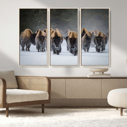 41669135-MGV-CV-36X24-Bison Herd Scene Wall Art Canvas Print, Framed Rustic Wildlife Decor Art Picture Print, Snowy Bison Landscape Perfect Rustic